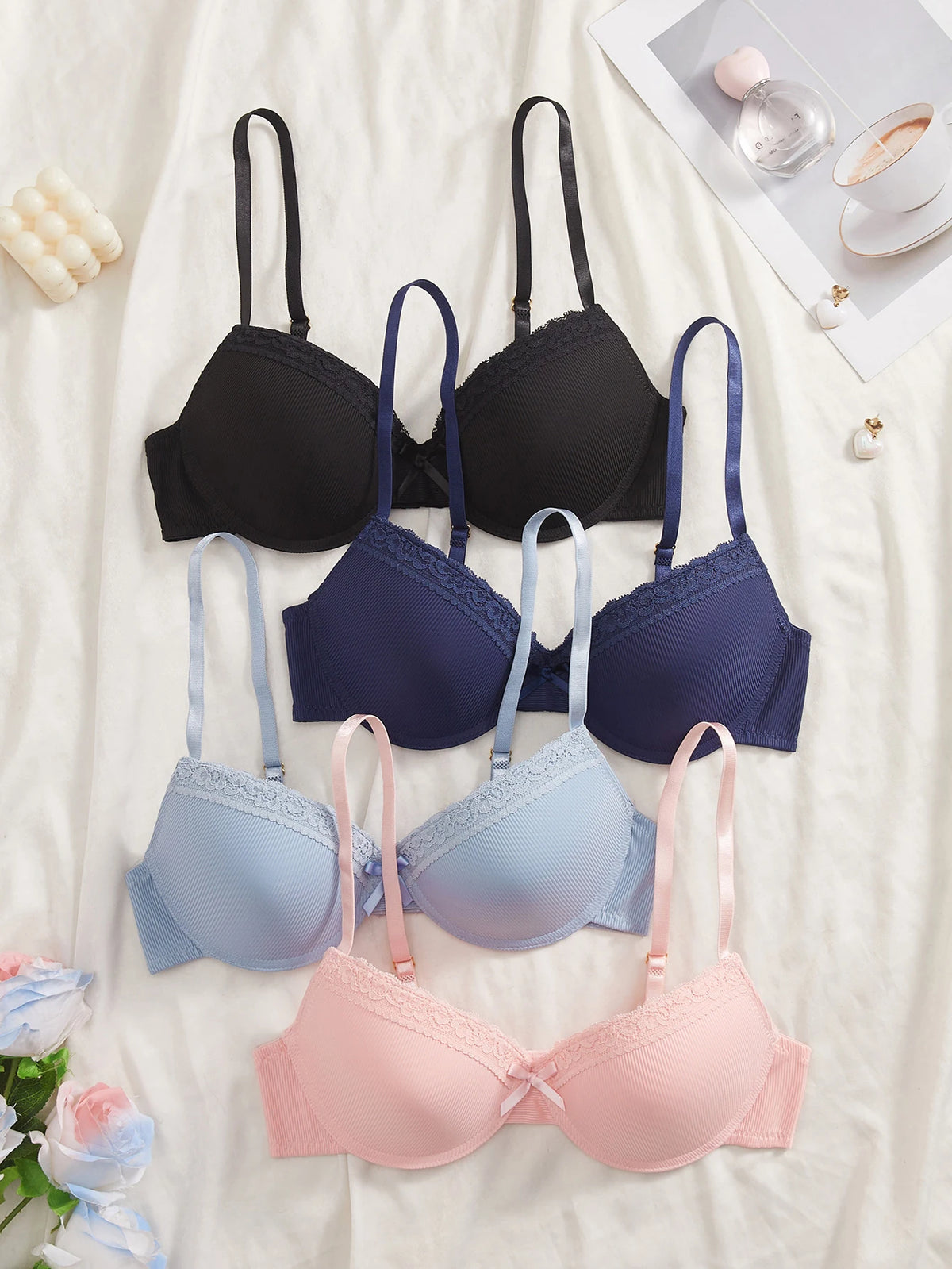4Pcs Daily Lace Trim Women's Underwear Set Rib Knit Push up Underwire Bra Airy & Stylish Women's Bra