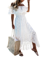 Women Bohemian White Long Dress Short Sleeve Off Shoulder Lace Ruffle Loose Dress Summer Holiday Beach Casual Dresses Female