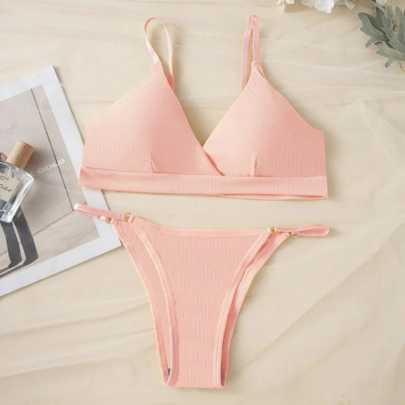 Women Ribbed Triangle Bra And Panties Set Wireless V Neck Thin Strap Bra Low Waist Briefs Ladies Removable Pads Lingerie Set