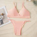 Women Ribbed Triangle Bra And Panties Set Wireless V Neck Thin Strap Bra Low Waist Briefs Ladies Removable Pads Lingerie Set