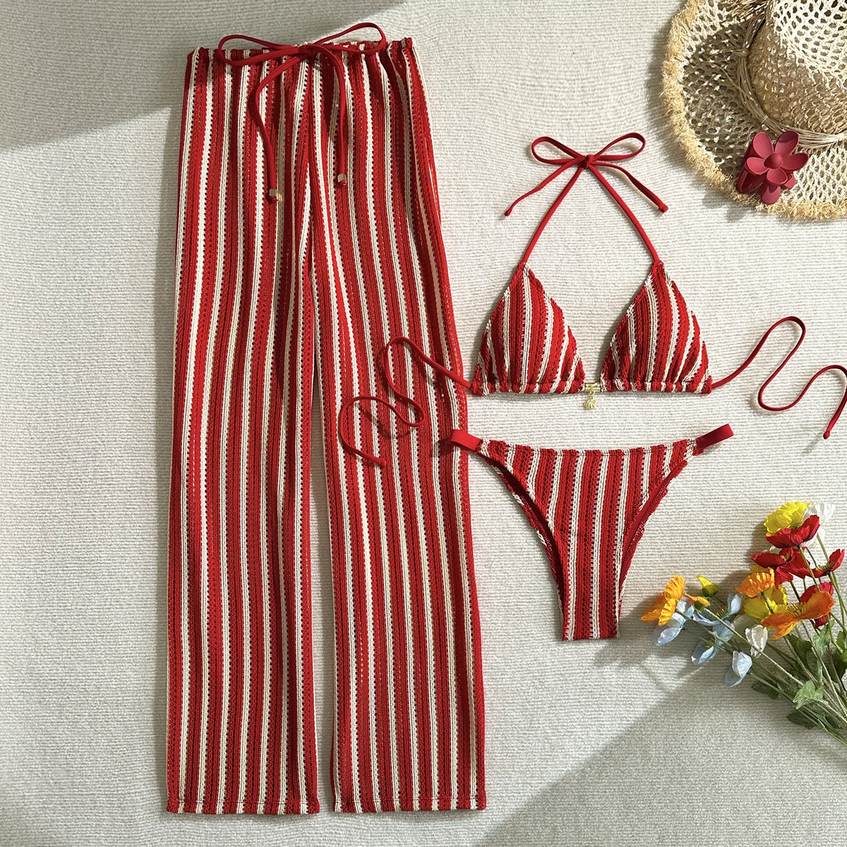 Vintage Red Striped Bikini Set 2026 Women Drawstring Long Panties 3 Piece Swimsuit Beach Holiday Bathing Suit Thong Swimwear