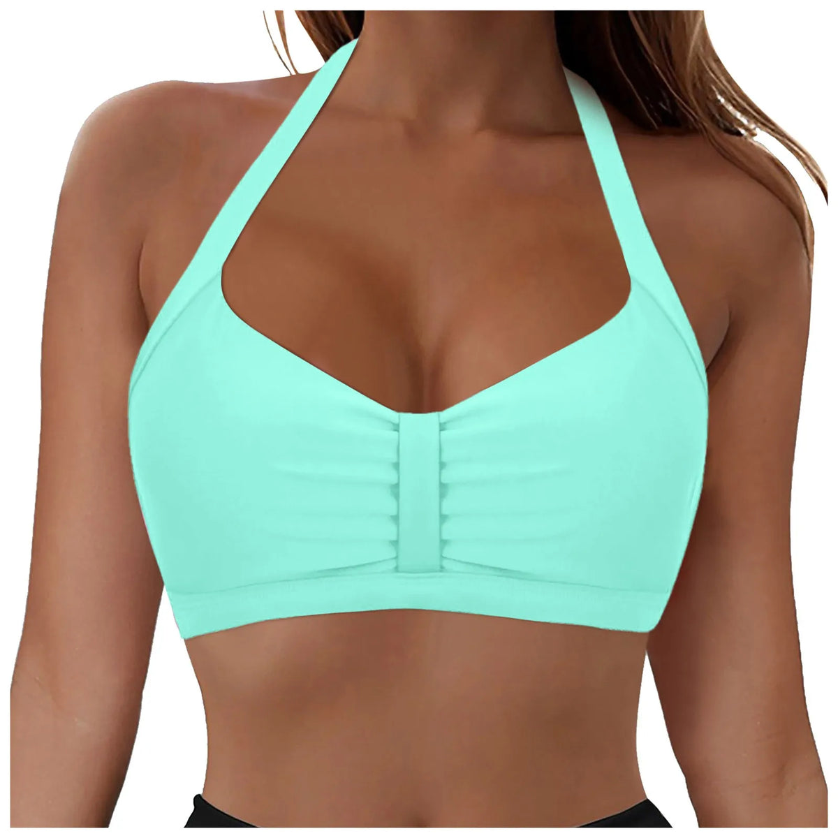 Womens Halter Neck Ruched Bikini Top Padded Push Up Swim Tops Adjustable Tie Back Bathing Suit Top Beach Pool Vacation Swimwear