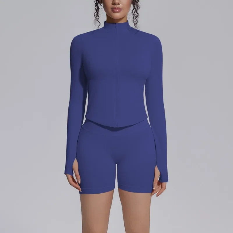 Women's Seamless Yoga Sets Sports Fitness Gym Zipper Long-Sleeve Jacket Hip Lift High-Waist Shorts Suits Workout Training Sets