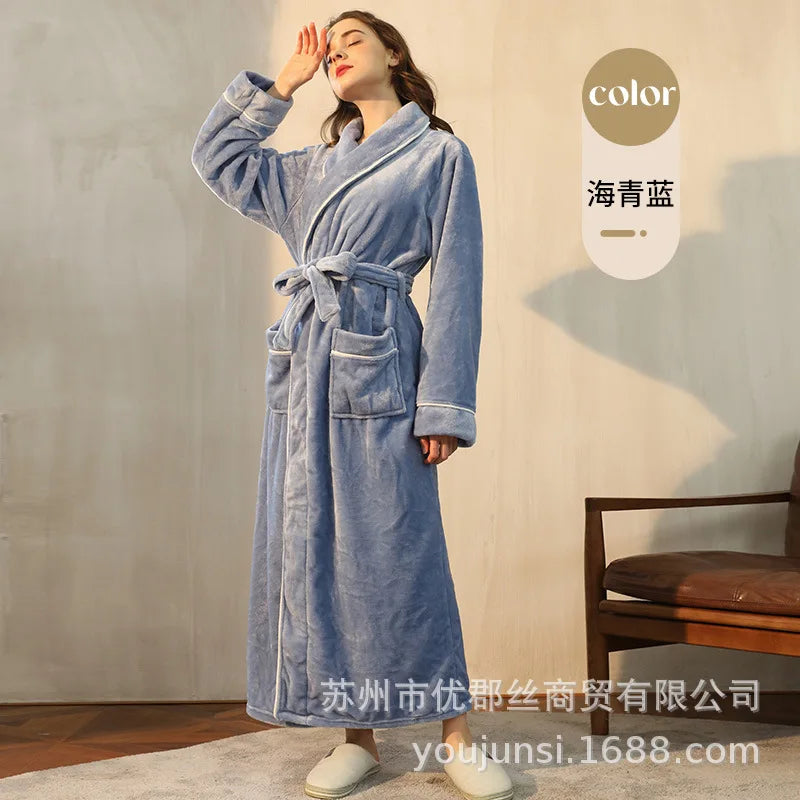 Long Flannel Robe for Men Women Warm Home Pajamas Loungewear 2026 Autumn Winter New Thick Coral Fleece Couple Bathrobe