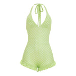 Women Halter Shorts Jumpsuits Summer Polka Dot Print V-Neck Backless Bodysuits Casual Sleeveless Rompers Club Streetwear