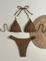 Sexy Beige Black Micro Bikini Set 2026 Women Pearls Strap Push Up Bra Pleate Thong Swimsuit Beach Bathing Suit Holiday Swimwear