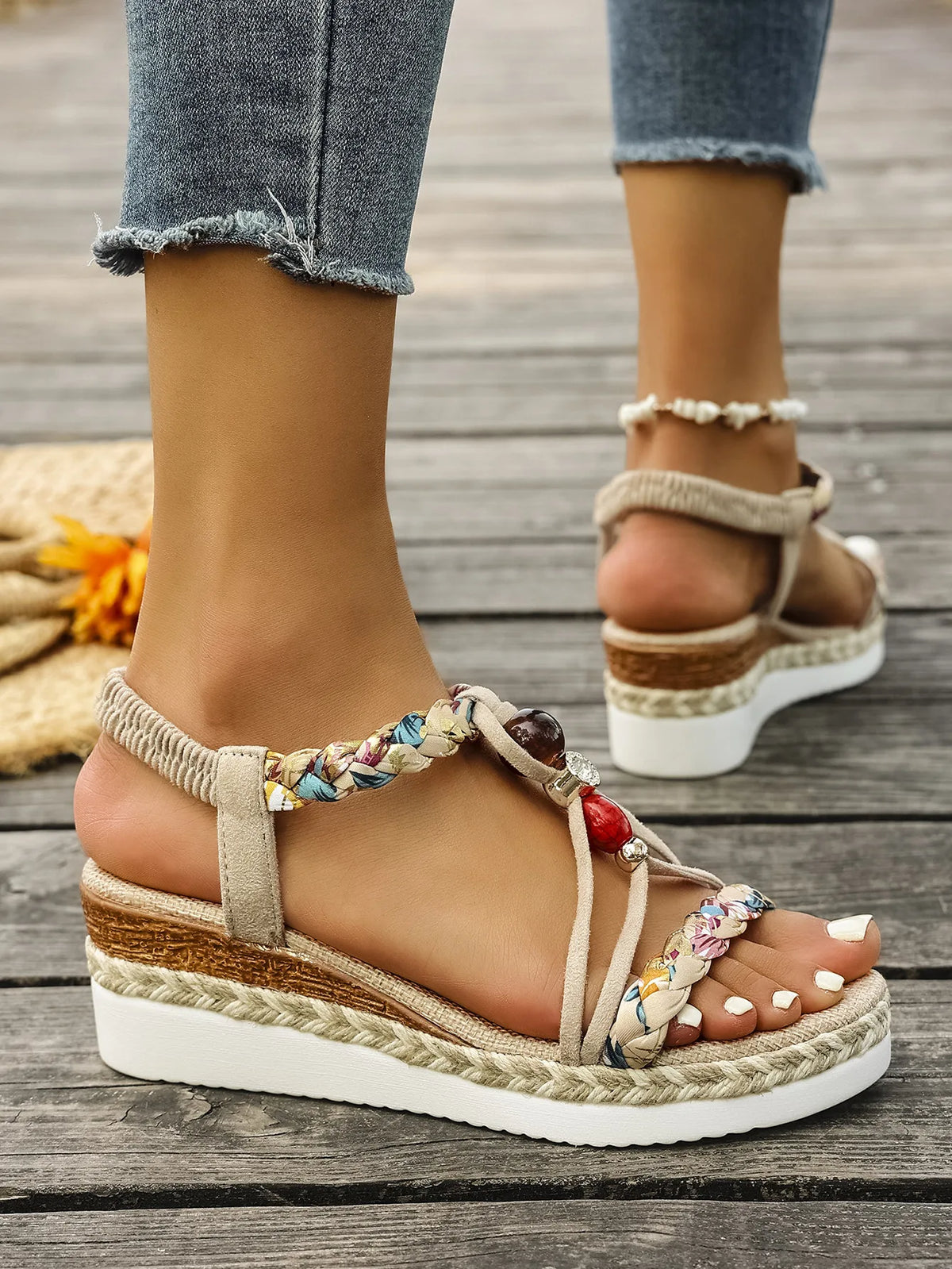 Fashion T-Strap Platform SandalsWomen New Mix Color Elastic Band Wedge Sandals Woman Summer Daily Open Toe Sandalias Female