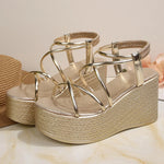 2026 New Chunky Platform Gladiator Sandals Women Gold Elastic Band Wedge High Heel Sandals Woman Plus Size 43 Summer Sandles