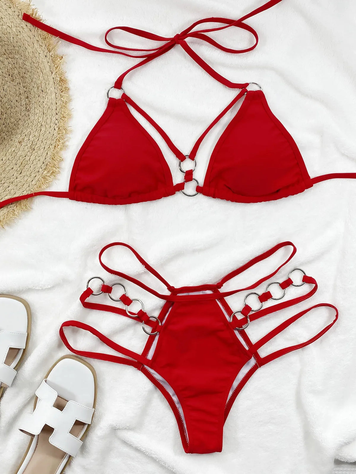 5 Colors Sexy Bikini Women Solid Hollow Swimwear Swimsuit Halter Bikinis Set Bathing Suit Beach Bikini Female Metal Ring Decor