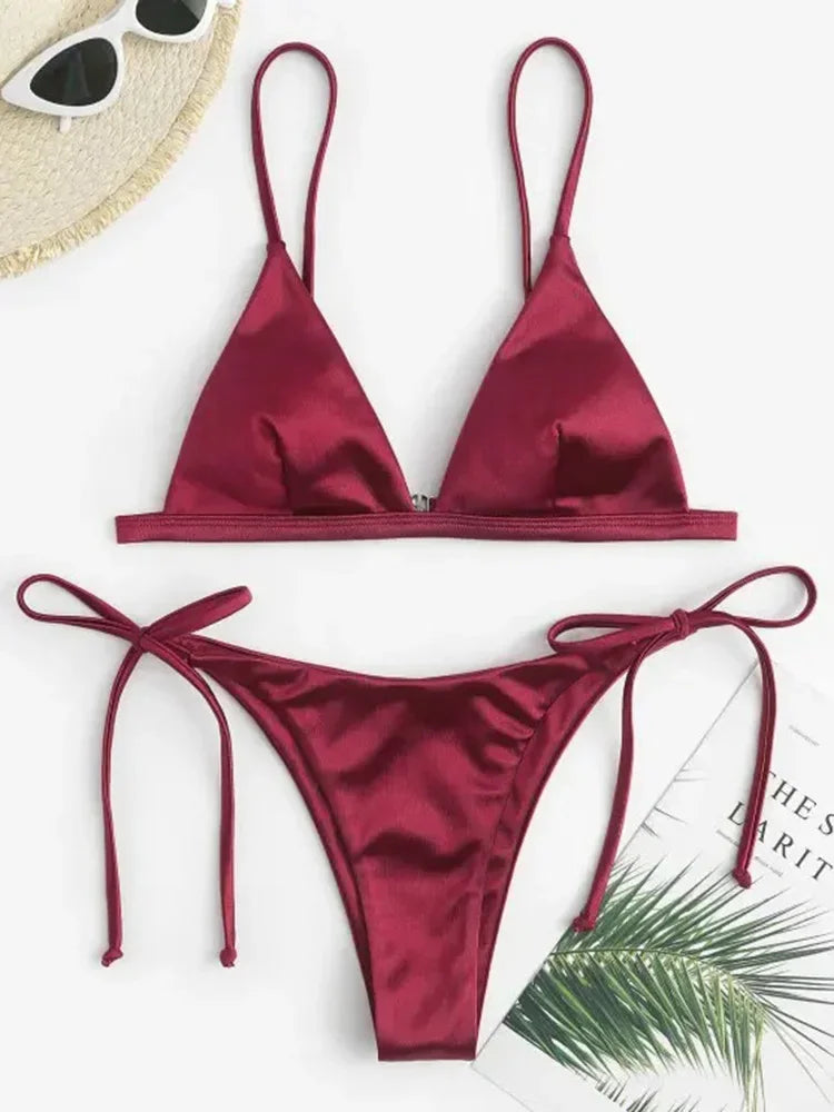 2025 Metallic Satin High Cut Brazilian Bikini Women Swimwear Female Swimsuit Two-pieces Bikini Set Bathing Suit Swim Beach Wear