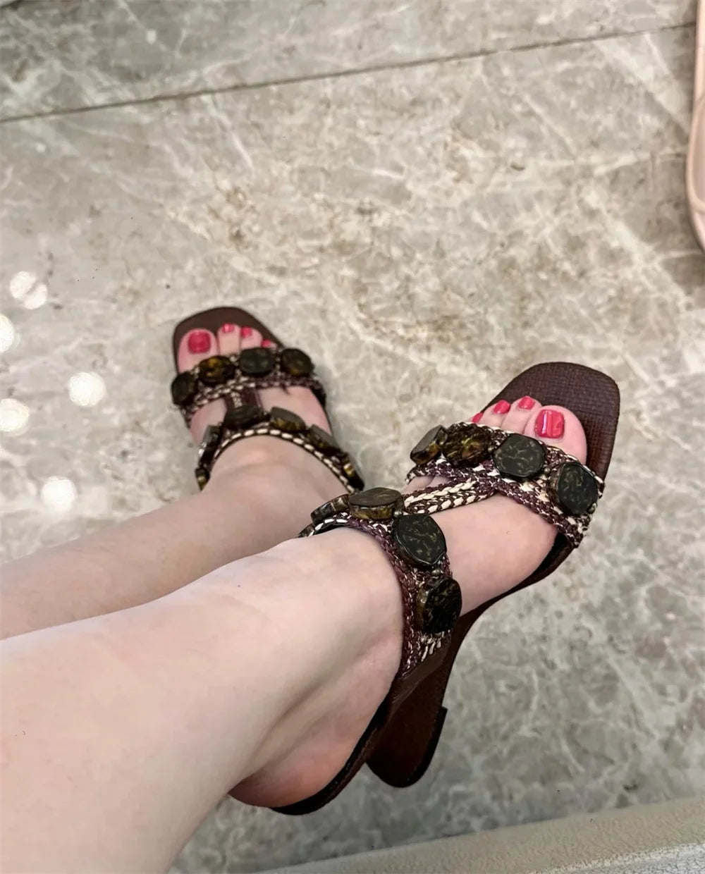 Boho Raffia Comfortable 8cm High Heels Wedge Slide Mules T-Strap Vacation Beach Straw Heels Espadrille Wedge Sandals Women Shoes