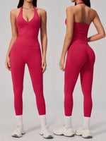 Summer Seamless Yoga Sets Women V Neck Slim Sports Tank Top Fitness Suit Peach Hip High Elasticity Leggings Running Tracksuit