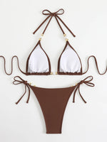 DEKA Dark Brown Bikini Set Triangle Women Pearls Strap Push Up Bandage Thong Swimsuit Brazilian Bathing Suit Micro Swimwear