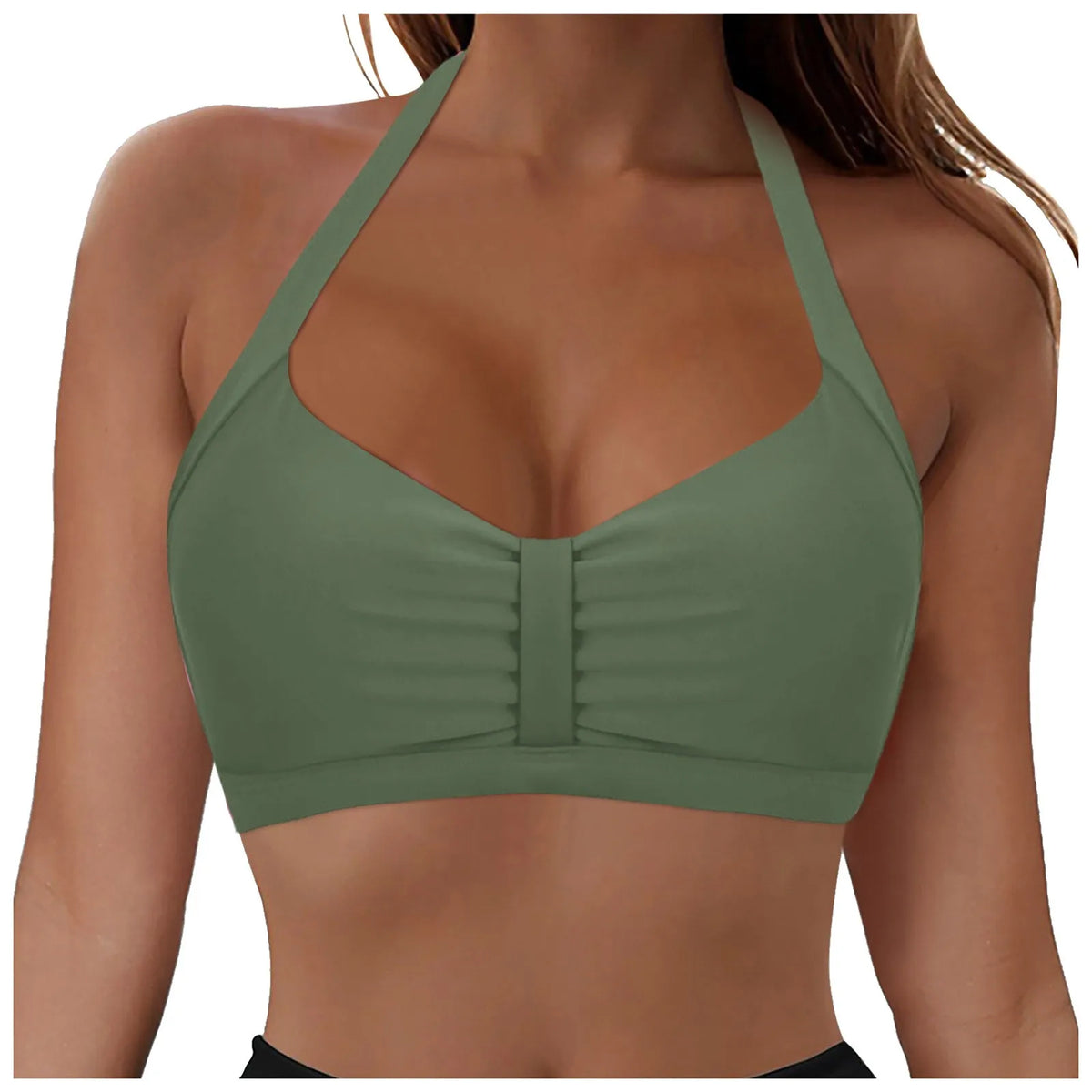 Womens Halter Neck Ruched Bikini Top Padded Push Up Swim Tops Adjustable Tie Back Bathing Suit Top Beach Pool Vacation Swimwear