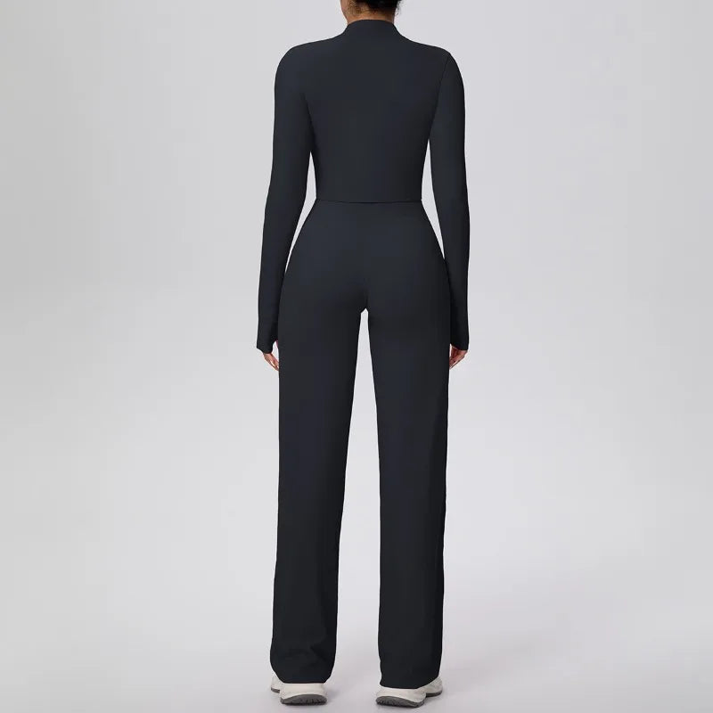 2 Pcs Women's Seamless Yoga Set Long-sleeved Wide-leg Pants Tracksuit Fitness Sports Set High-waisted Hip-lifting Slim-fit Suit