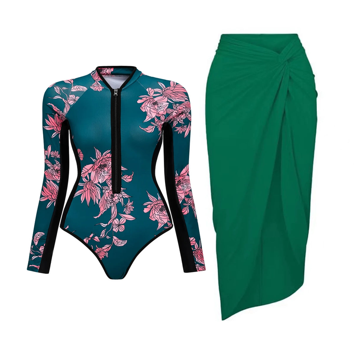 Black And Printed Long Sleeve Swimsuit With Cover Up Sexy Swimwear Women Surf Swim Suit Slimming Bathingsuit Bodysuit Beachwear