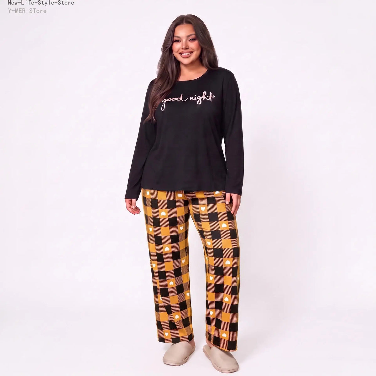 Women Plus Size Milk Silk Pajama Set Plaid Letter Print Long Sleeve Autumn Winter Ladies Casual Home Sleepwear