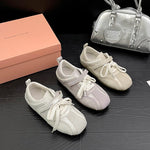 Women Ballet Style Flat Sneakers Dual Strap Decor Lace‑Up Soft Sole Lightweight Breathable Daily Casual Walking Fashion Shoes