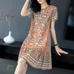 Summer Women Dress Half Sleeves Round Neck Retro Print A-line Big Hem Knee Length Loose Casual Daily Wear Vacation Midi Dress