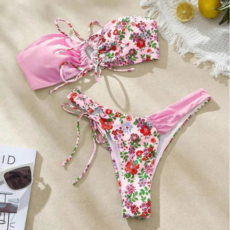 New Sexy Floral Print Bandeau Bikini 2024 Women Swimwear Female Swimsuit Two Pieces Thong Bikini Set Bather Tie Bathing Suit