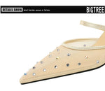 BIGTREE Crystal Mesh Fabric Pointed Toe Slippers Women Sexy Elegant Buckle Strap Party Prom Thin Low Heels Mule Shoes