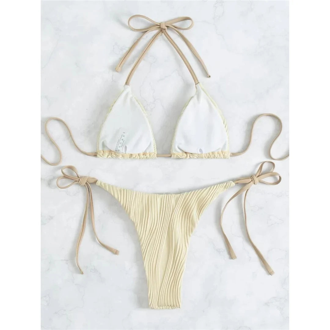 Sexy Wrinkled Halter Brazilian Bikini Female Swimsuit Women Swimwear Two-Pieces Bikini Set Bather Bathing Suit Swim Lady V4101