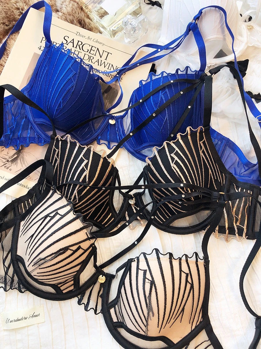 Sexy Hollow Push Up Bra Set French Thin Cup Underwear Women Classic Bandage Brassiere Black Temptation Lingerie Panties SetS