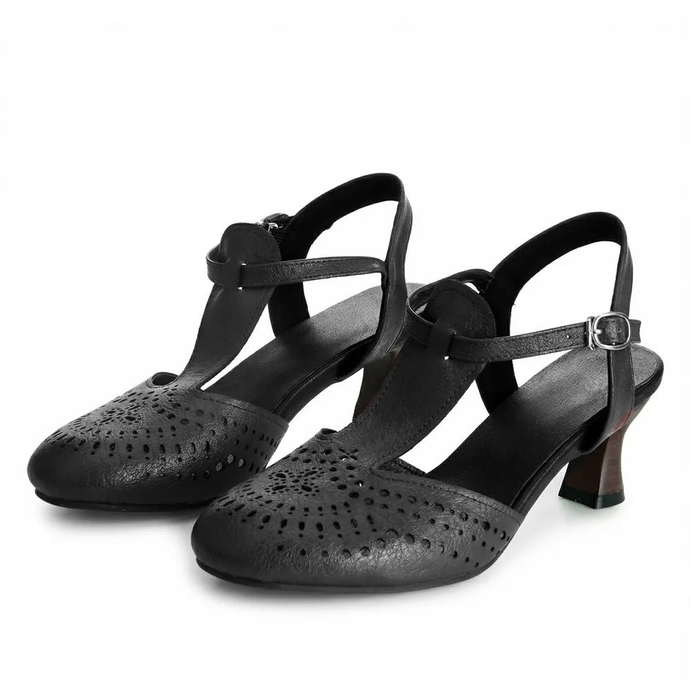 Big Size 32-50 Women's Vintage Cutout T-Strap Sandals Round Toe 6cm Kitten Heel Summer Casual Dance Shoes Black/Brown/White