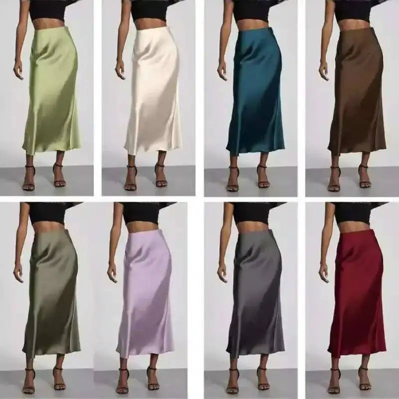 28 Colors New 2026 Women's Elegant High Waist Satin Long Skirts Female Summer Solid Color Faldas Fashion Women Skirts KBA3