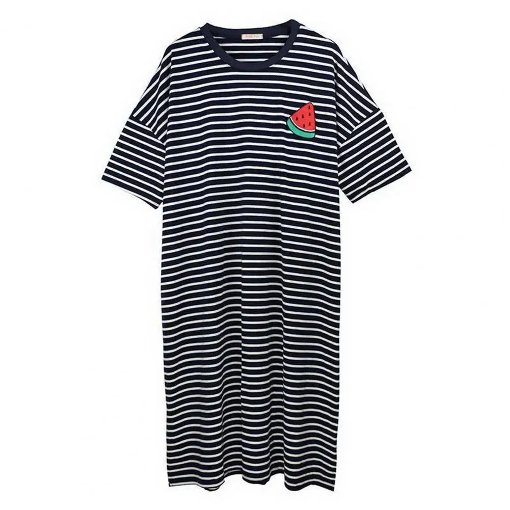 Women Summer Nightdress Short Sleeve Loose Breathable Comfortable Sleeping Polyester Stripes Print Night Robe Women Clothing