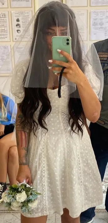 White lace embriodery summer beach dress women elegant hollow out lace up short dress off shoulder puff sleeve sheer dress 2025