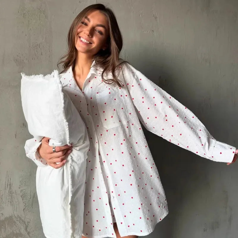 Women's Heart Print 2 Piece Lounge Wear Outfits Sleeve Lapel Neck Button Down Tops and Elastic Waist Shorts Pajamas 2026 New