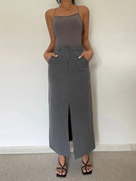 WOMENGAGA Retro High Waist Half Skirt Girl Bifurcate Slim A-LINE Gray Skirts Fashion American Spicy Girls 2023 New 5P2F