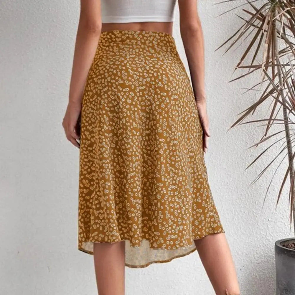Women Summer Skirt Slit A-line High Waist Floral Print Loose Dress-up Elegant Breathable Lady Midi Skirt Female Clothes