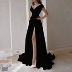 Sexy V Neck Long Prom Dress Women's Off Shoulder High Split Maxi Dress Formal Cocktail Party Evening Gown with Train