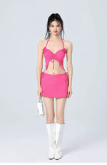 Vacation Beach Ins Rose Red Bikini Three Piece Swimsuit Women's Small Chest Internet Famous Swimsuit Butterfly Sexy Spicy Girl
