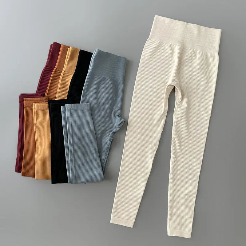 Women Ribbed Yoga Pants High Waisted Gym Leggings Sport , Fitness Seamless Female Legging Control Running Training Tights
