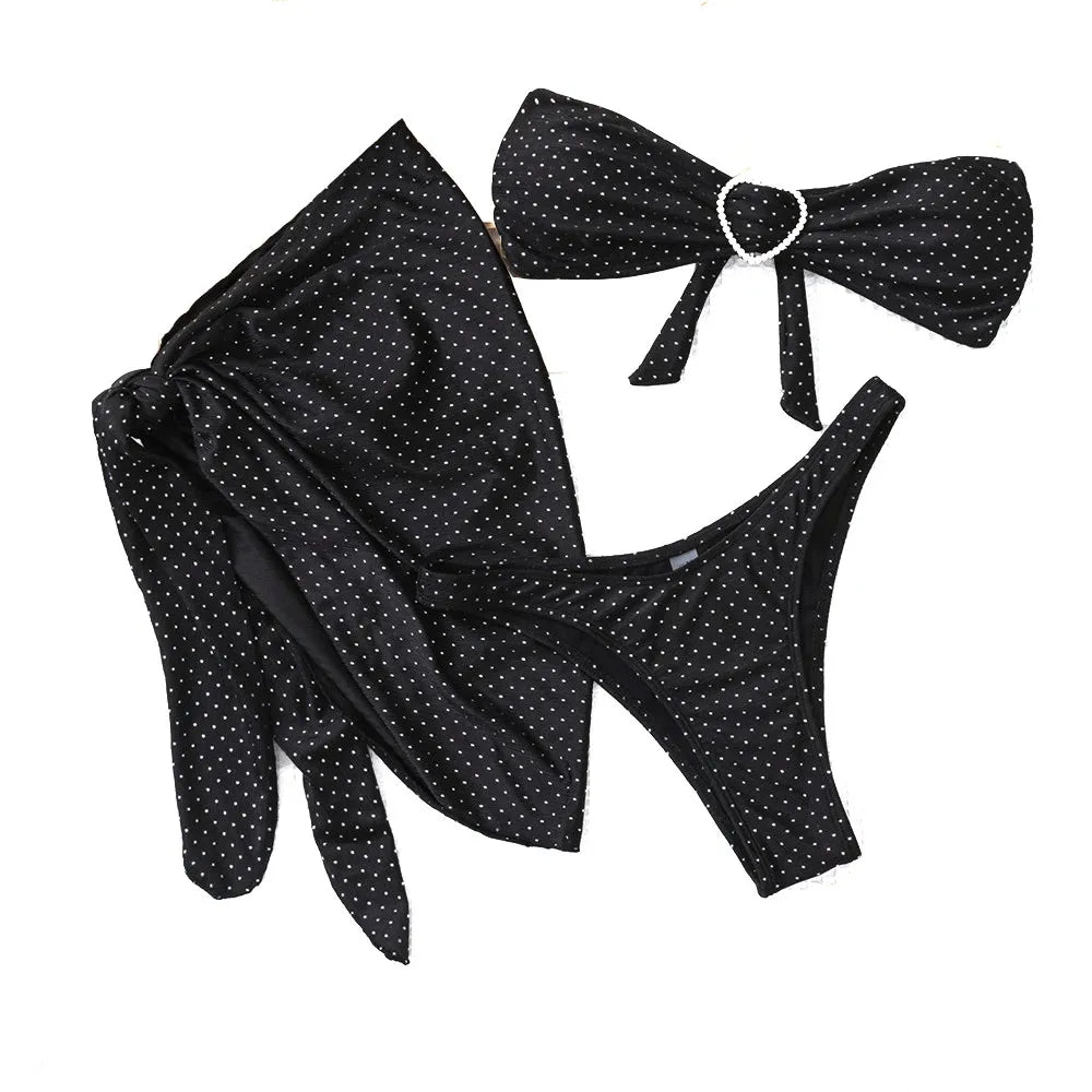 Sexy Black Shiny Swimwear Sarong String Halter Triangle Bikinis Sets 3 Pieces Rhinestone Swimsuit Women 2026 Bather Beachwear