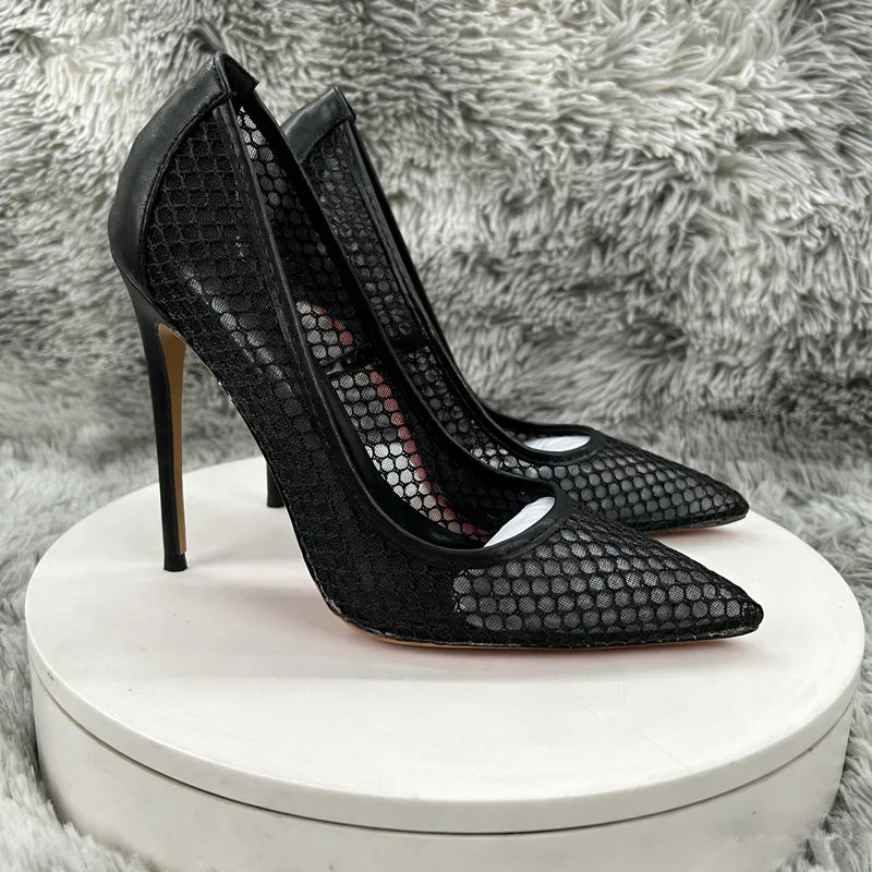 Women's Black Mesh Stiletto PumpsPointed Toe Hollow-Out High Heels, Sexy Sheer Dress Shoes for Party, Club, and Evening Even