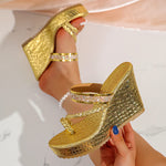 Fashion Crystal Wedges Heels Sandals Women Woven Clip Toe Chunky Platform Sandles Woman Summer Gold Silver High Heeled Slippers