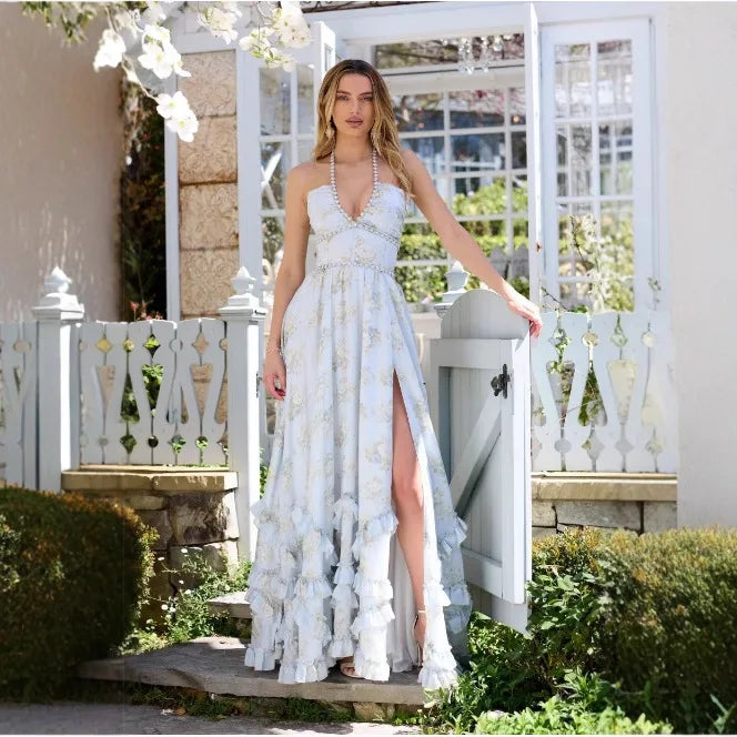 Women's Fashion Flower Print Bead Chain Halter Neck Long Dresses Sexy V-neck Backless Leace-up Slit Dress Lady Party Vestidos