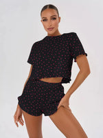 Heart Print Casual Round Neck Short Sleeve Shorts Two-piece Set Pajamas Set Women Summer Sleepwear Home Wear
