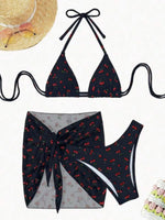 With Mesh Skirt Cherry Printed Bikini Female Swimsuit Women Swimwear Three Pieces Bikini Set Halter Bathing Suit Swim Beachwear