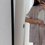 Women's Two Piece Outfit Casual Full Zip-up Short Sleeve Shirt And Wide Leg Pants Set Office Casual Lounge Tracksuit