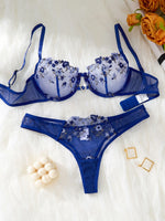 Women's Royal Blue Floral Embroidery Lingerie Set Half Cup Push Up Bra And Thong Sheer Mesh Lace Comfortable SexyUnderw ZA824026