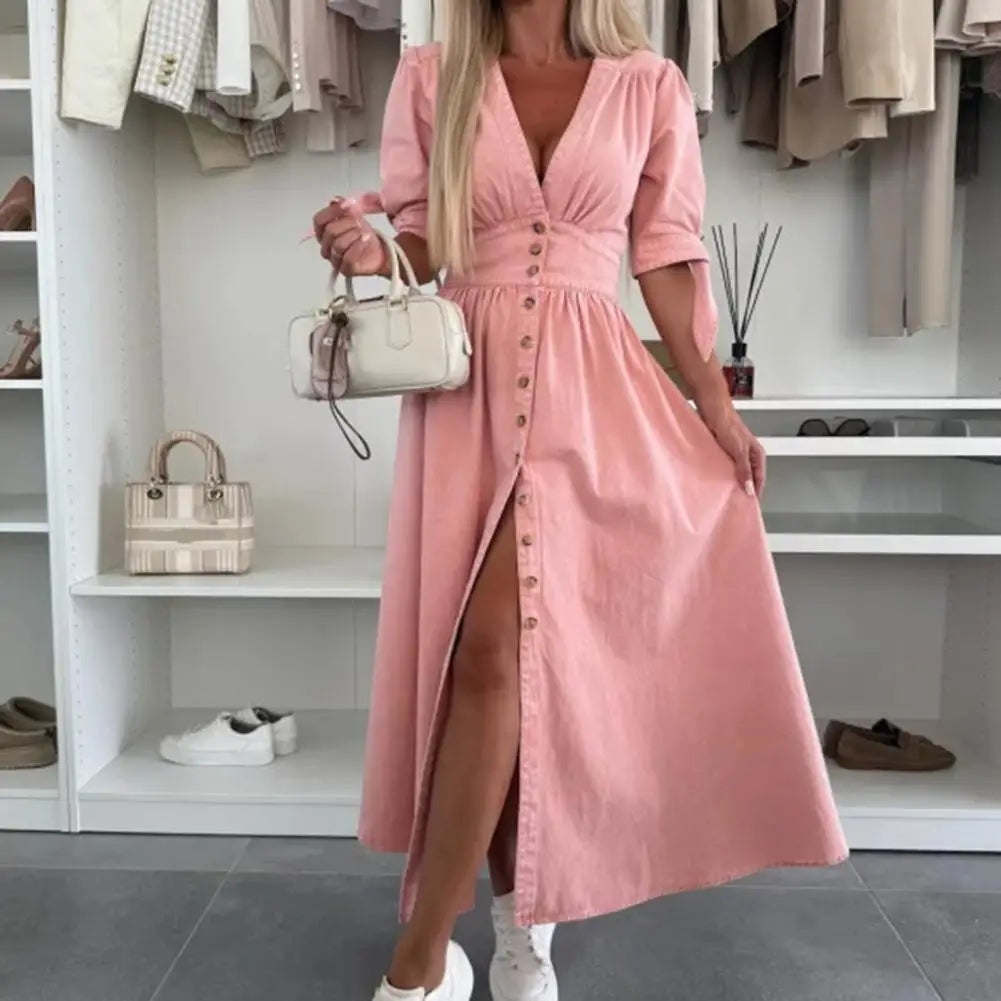 Women's Denim Long Dress Short Sleeve V-Neck Button Down Maxi Dress Casual Jean Dress for Spring Summer