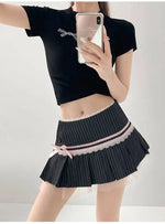 Striped Contrasting Color Bow Lace Splicing Pleated Skirt Women 2026 Summer American Style Low WaistA-line Short Skirt UBFK
