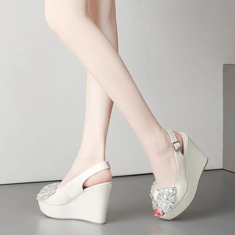 2026 NEW Women's Fashionable and elegant High Heel Platform Sandals Summer Waterproof Thick Bottom Transparent Rhinestone Sexy