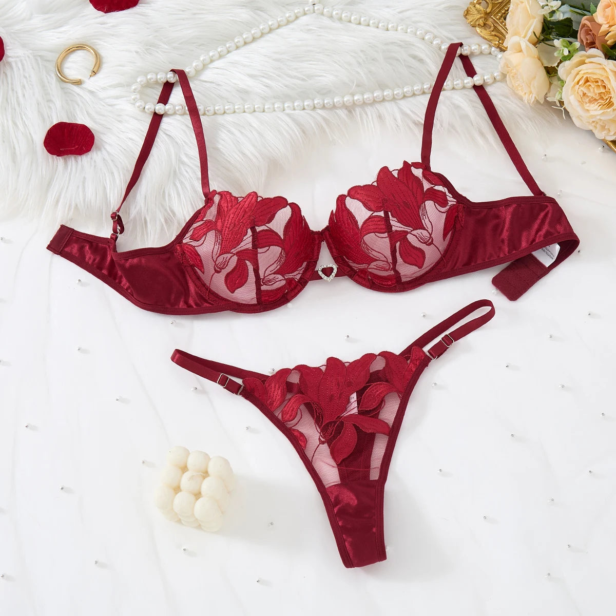 wine-red floral embroidery lingerie. French-style luxury sheer net satin bra for dates, newlyweds, and sexy duvet set. ZA824031