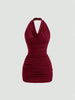 Women's Elegant Drape V-Neck Back-Tie Open Back Sleeveless Slim Fit Mini Dress Casual Halter-Neck Pleating Decorate Dress 2026
